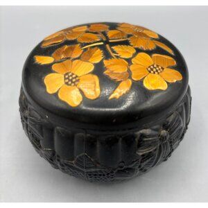 Vtg USSR Russian Black Plastic Trinket Box Floral Textured Lid